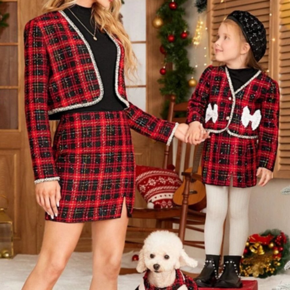 red plaid coord set jacket/ skirt with sequin bows - Picture 2 of 7